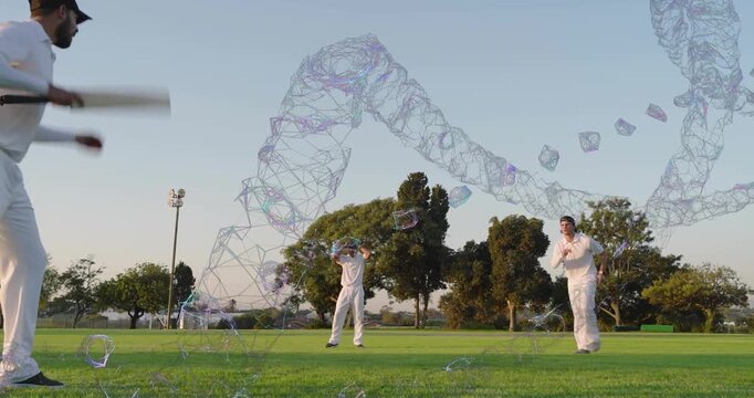 Bowler releasing ball holding bat fielder lunging picking in cricket practice CGI ribbon drifting