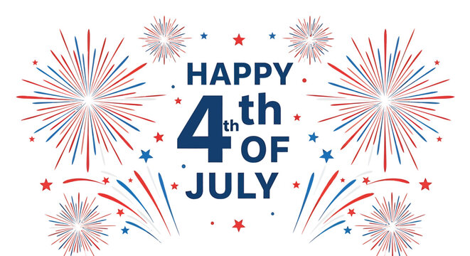 American Independence Day celebration graphic with fireworks and Happy 4th of July text in patriotic colors.