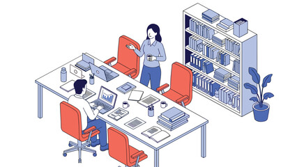Obraz premium Business meeting in a modern office shows professional team members collaborating at a large desk with laptops and a bookshelf.