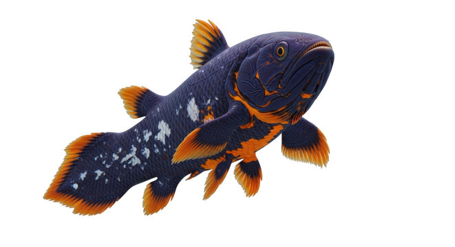 Isolated blue and orange coelacanth fish, a marine predator with lobe-finned, muscular fins