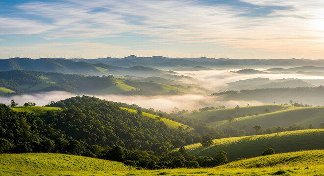 Rolling green hills and valleys covered in morning mist at sunri