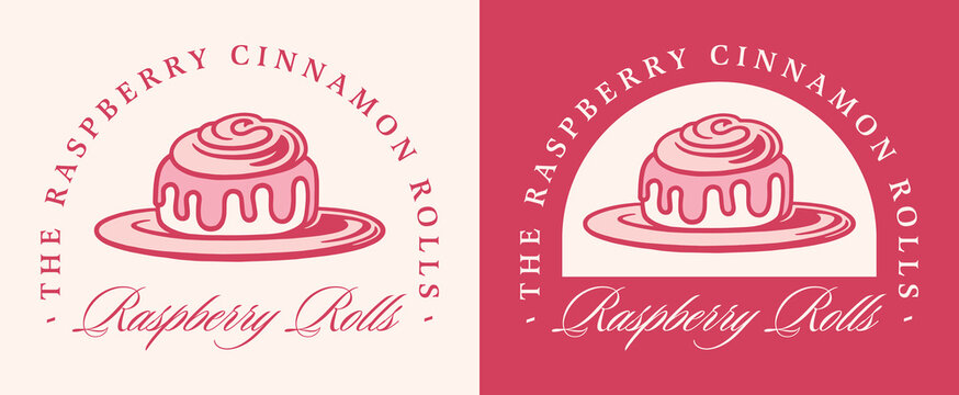 Raspberry cinnamon rolls buns flavor label logo sticker luxury pink aesthetic bakery style packaging design. Homemade berry jam pastry cream cheese roll cake on a plate vintage print illustration.