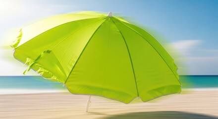 Bright Green Beach Umbrella on Sandy Shore.