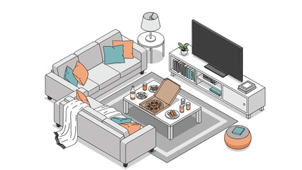 Obraz premium Modern living room interior features an l-shaped sofa with colorful pillows, a flat screen television, and a coffee table with fresh pizza.