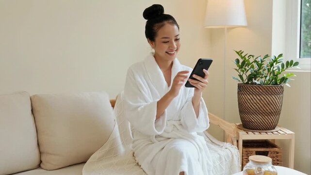 Medium long shot of young Asian woman in bathrobe resting on couch at home and texting friends using smartphone