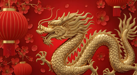 Obraz premium A majestic golden dragon design adorns a vibrant red wall, surrounded by traditional Chinese lanterns and delicate cherry blossoms, creating a festive atmosphere.