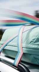 Car roof rack with luggage and colorful ribbons.
