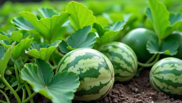 A garden patch with watermelons of various sizes and leaves spreading over the soil 