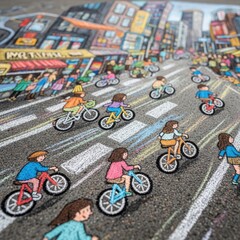Children Cycling in a Busy City Street.