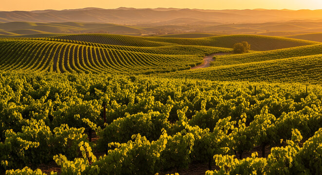 Rolling hills of vineyards in Valle de Guadalupe, Baja Californi