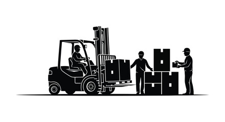 A black silhouette of a forklift moving boxes with workers illustrating logistics and warehousing on transparent background high quality professional detailed © mrvect02