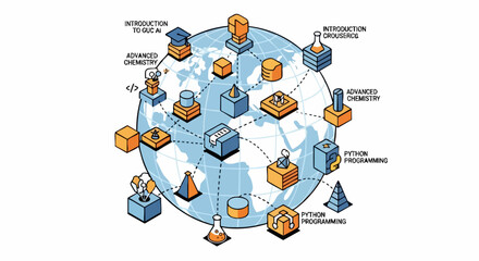Fototapeta premium Global online education and e-learning isometric vector illustration. Includes interconnected courses like Introduction to AI, Advanced Chemistry, Python Programming