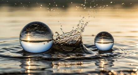 Crystal Balls on Water Surface with Splash.