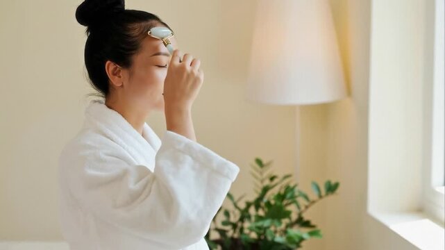 Side view chest up shot of relaxed young Asian woman in bathrobe massaging face with jade roller for anti-aging effect