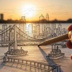 Drawing of New York City Skyline at Sunset.