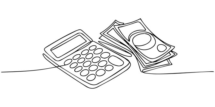 calculator and euros banknotes, new year finance, money and budget concept continuous one line drawing