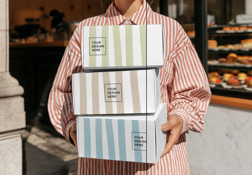Stacked Bakery Boxes Mockup in Cafe Exterior Setting