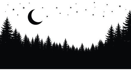 A serene nighttime landscape featuring a crescent moon stars and silhouetted trees on transparent background silhouette high quality professional detailed modern © mrvect02