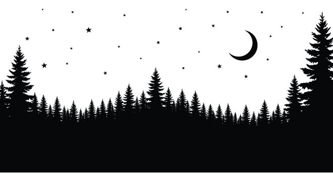 A serene nighttime landscape featuring a crescent moon stars and a silhouetted forest on transparent background high quality professional detailed modern