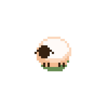 Cute white sheep character in pixel art style. This 8-bit livestock sprite features a fluffy wool body and black face, perfect for farming simulator icons, game characters, and rural farm themes.