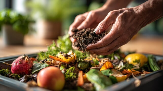 eco-friendly composting, showcasing kitchen composting with close-ups of organic materials in a clean bin, focusing on sustainability and natural decay