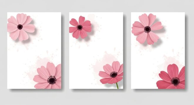 A triptych of pink flowers on white backgrounds with subtle shadows and varying tones.