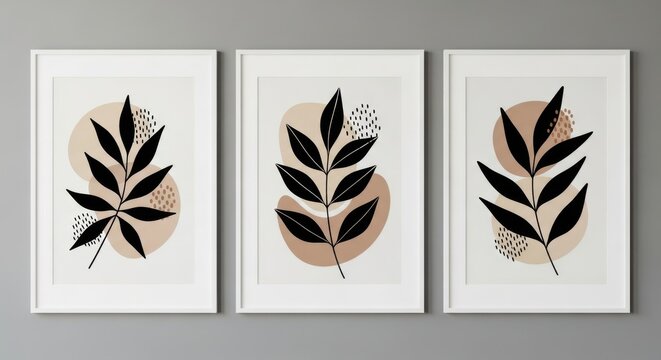 A triptych of minimalist botanical art with black leaves on a white background.