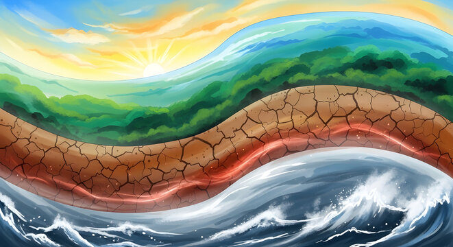 Conceptual illustration of earths natural elements and cycles sun, atmosphere, vegetation, dry cracked earth, magma layer, and ocean waves