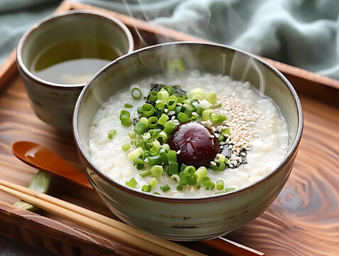 Traditional Japanese Rice Porridge with Pickled Plum and Green Onions / 梅干しとネギを添えた日本の伝統的なお粥