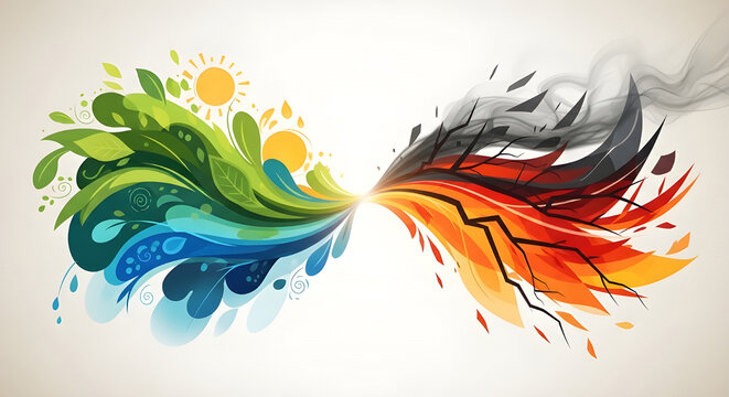 Abstract representation of balance between nature, life, and growth greenblue versus destruction, fire, and decay redblack, symbolizing duality and contrast in a dynamic artistic flow