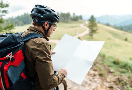 Traveler man holding blank white map mockup, ai generated