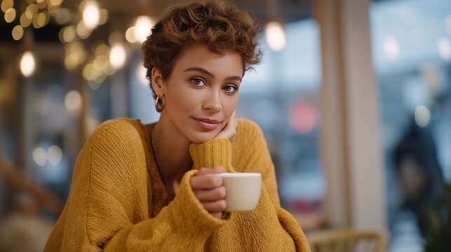 Subtle rejection gesture captures the essence of quiet dissent and emotional strength in a cozy caf&eacute; setting. A thoughtful person sitting at a table with a warm drink, surrounded by soft focus