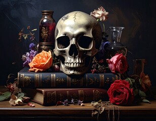 Still life featuring a skull atop antique books, adorned with roses and glass bottles