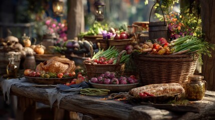 Thanksgiving feast with roasted chicken and fresh produce