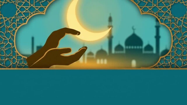 This enchanting video presentation beautifully captures the serene essence of an Islamic celebration featuring a radiant golden crescent moon illuminating the twilight sky above majestic mosque silhou