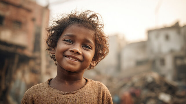 Little smiling Indian child on blurred background of Indian slums, India, Pakistan, Delhi, homeless kid, diversity, poverty, charity