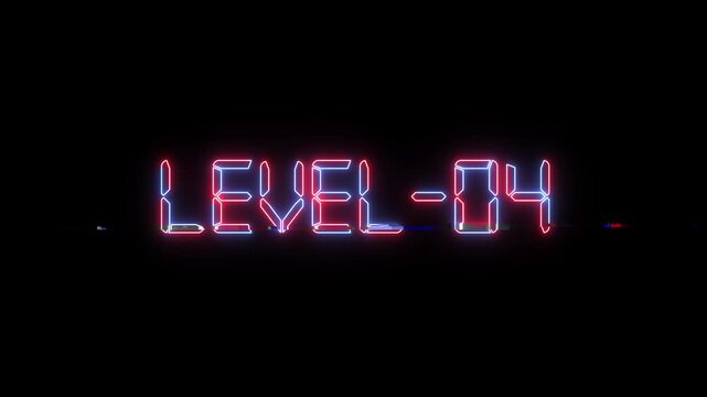 Glowing level-4 text with glitch effects animation. game concept next level icon isolated on a black background video 4k.