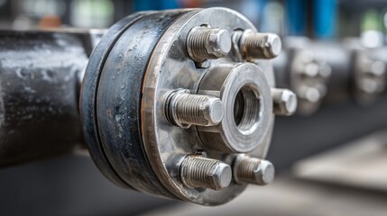 Industrial steel pipe flange connection with bolts and nuts close-up
