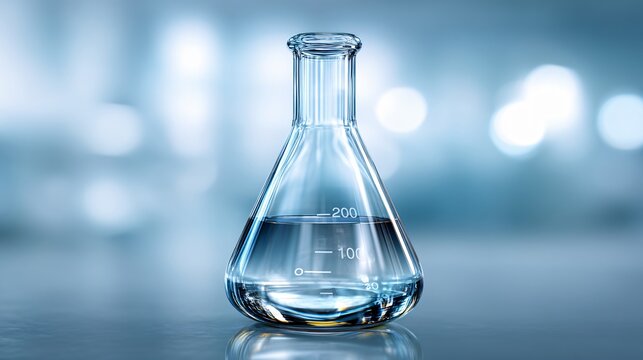 Clear glass Erlenmeyer flask with measurement markings laboratory equipment