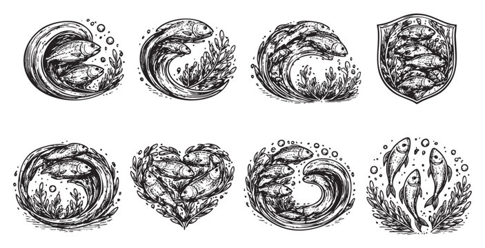 Black and white vector illustration set of fish designs with waves and seaweed. Perfect for nautical themes, restaurant menus, fishing industry, or nature related projects.