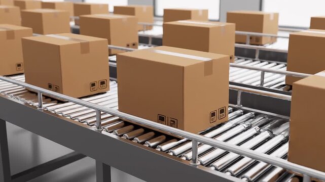 "Cardboard boxes on conveyor belt in warehouse automation system."
