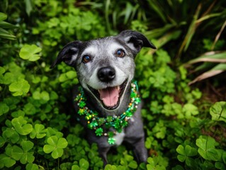 Dog with shamrock necklace in clover