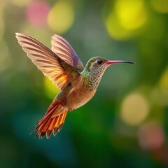 Hummingbird in flight against blurred background