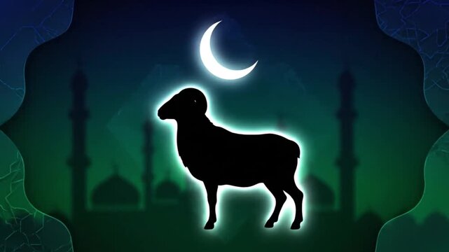 This enchanting video presentation beautifully captures the serene essence of an Islamic celebration featuring a radiant golden crescent moon illuminating the twilight sky above majestic mosque silhou