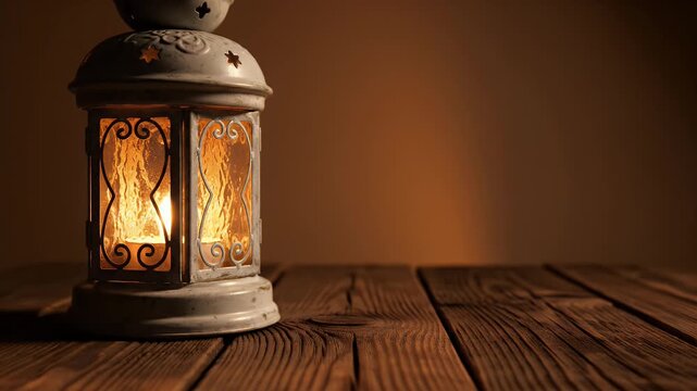 Ornate vintage lantern glowing on rustic wooden table