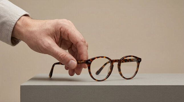 Hand Holding Tortoiseshell Eyeglasses on Minimal Neutral Background