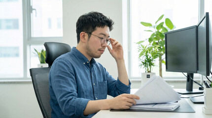 Man Wearing Eyeglasses Reviewing Documents at Office Desk