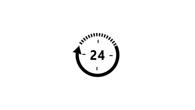 Black 24 hour clock icon with arrow on white background time