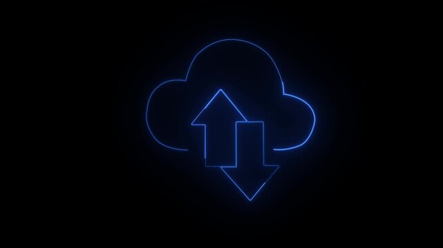 Blue neon cloud upload download icon on black background symbol