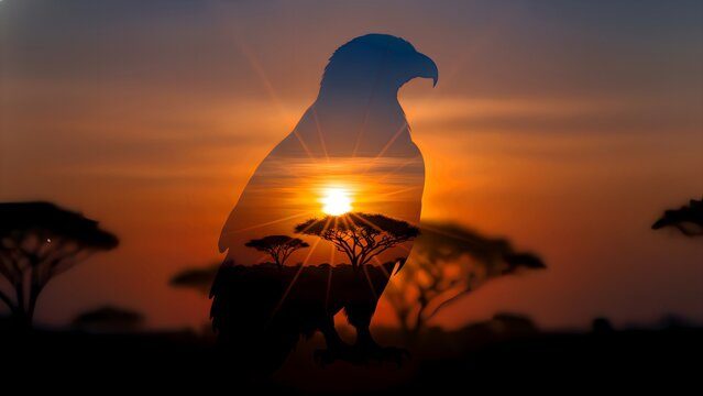 Striking double exposure silhouette of a majestic eagle overlapping a vibrant African savanna sunset featuring acacia trees and intense golden light rays.
